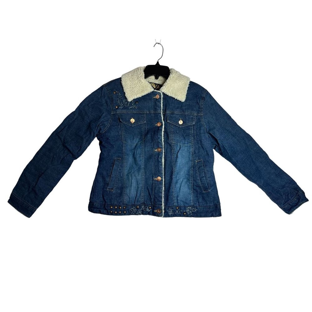 Denim Sherpa Lined Jacket Coat Sz L Juniors Teen